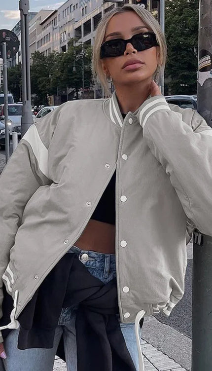 Beyaz Şeritli Bomber Oversize Ceket Mont