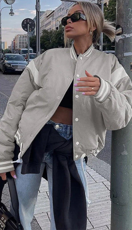 Beyaz Şeritli Bomber Oversize Ceket Mont