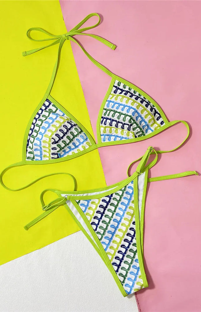 Baskılı Askılı Yüksek Bacak Bikini Takımı