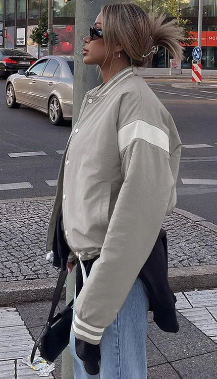 Beyaz Şeritli Bomber Oversize Ceket Mont