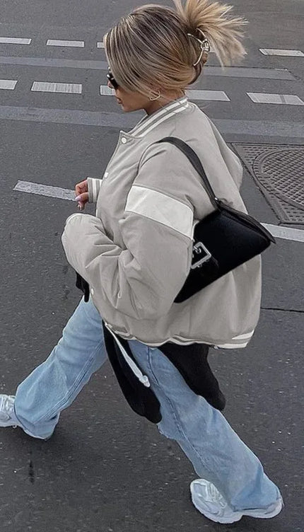 Beyaz Şeritli Bomber Oversize Ceket Mont