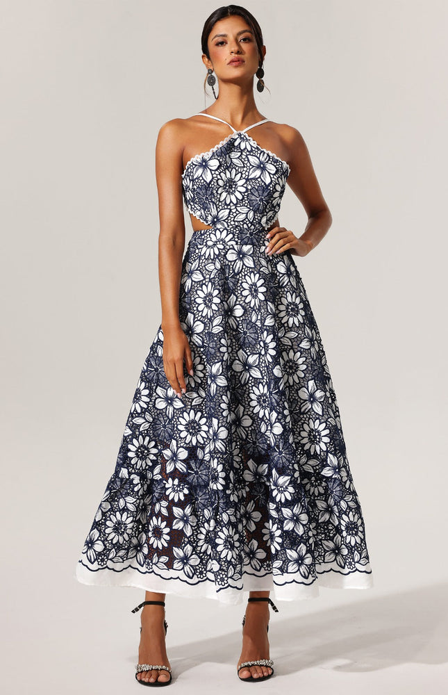 Çiçek Desenli Dantel Kolsuz Elbise