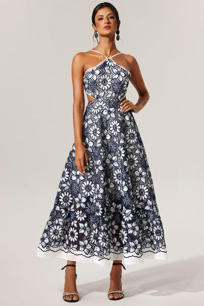 Çiçek Desenli Dantel Kolsuz Elbise