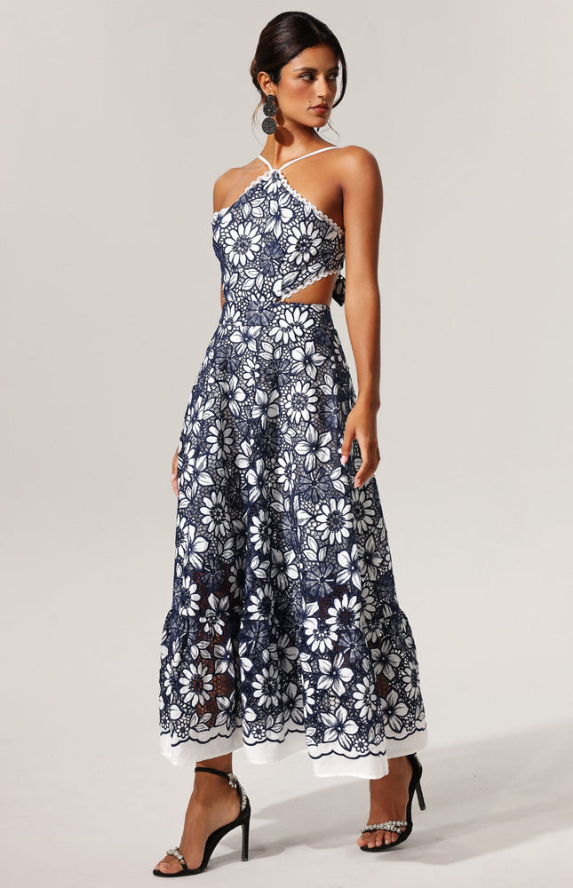 Çiçek Desenli Dantel Kolsuz Elbise