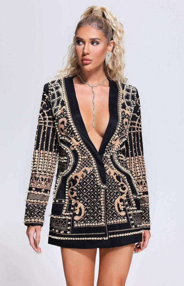 Altın Desenli İnci Detaylı Blazer Elbise