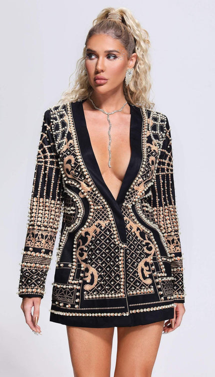Altın Desenli İnci Detaylı Blazer Elbise
