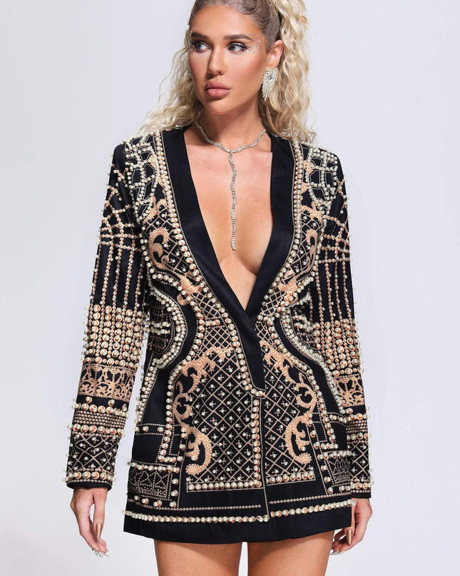 Altın Desenli İnci Detaylı Blazer Elbise