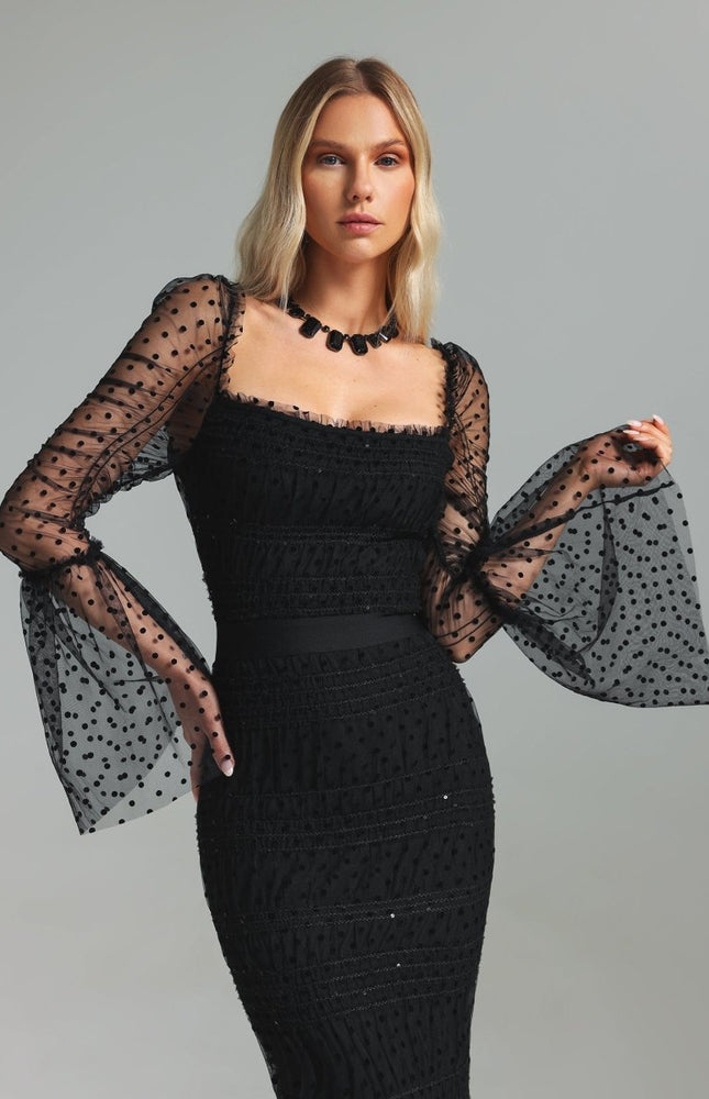 Monica Payet İşlemeli Kare Yaka File Midi Elbise