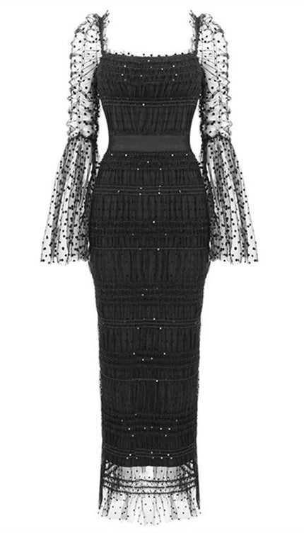 Monica Payet İşlemeli Kare Yaka File Midi Elbise