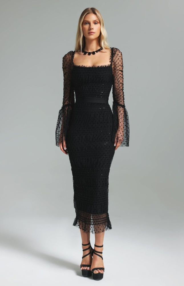 Monica Payet İşlemeli Kare Yaka File Midi Elbise