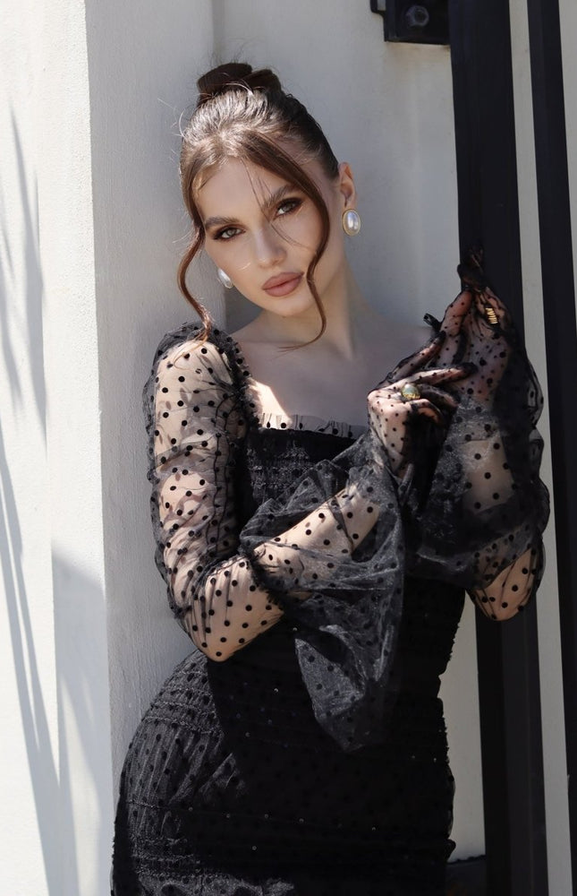 Monica Payet İşlemeli Kare Yaka File Midi Elbise