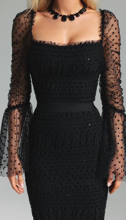 Monica Payet İşlemeli Kare Yaka File Midi Elbise