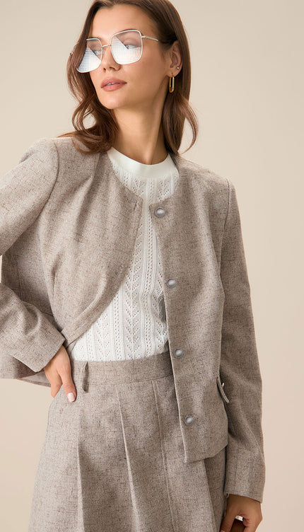 Bej Düz Yaka Tek Düğmeli Ceket