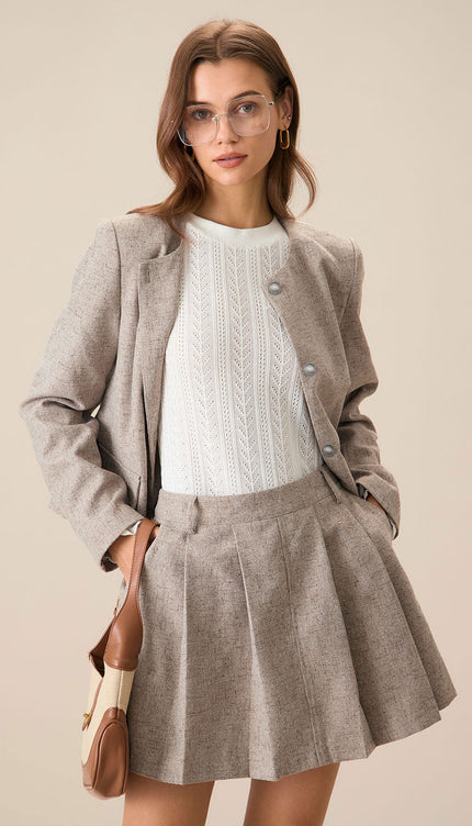 Bej Düz Yaka Tek Düğmeli Ceket