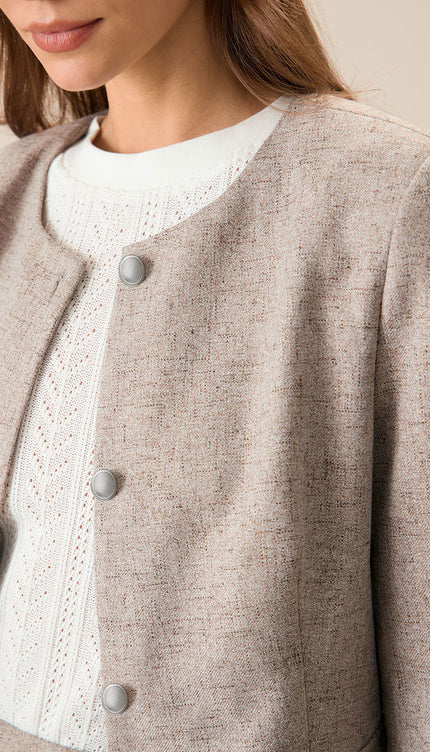 Bej Düz Yaka Tek Düğmeli Ceket